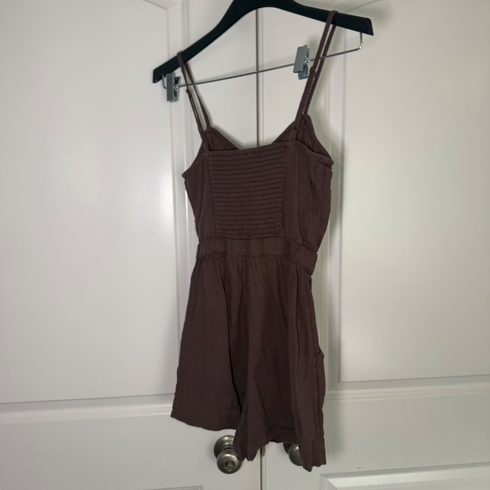 Aerie Brown Button Front Linen Blend Sleeveless Romper XS Pockets - Picture 3 of 3